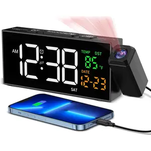 Projection Clock for Bedroom Ceiling,  Clocks with 180? Rotatable Projector, Date Temperature and Weekday, Manual DST, 5 Brightness, 10 Ringtones, 4 Volumes and Snooze (Black)