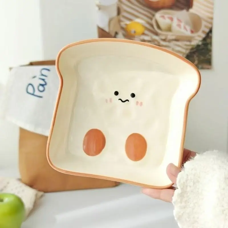 Cute Toast-Shaped Ceramic Plate Korean INS Cartoon Tableware for Home Afternoon Tea Dessert Cake Snack Plate