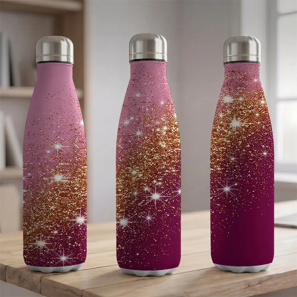 1pc 17oz Stainless Steel Insulated Water Bottle 500ml Pink Gold Glitter Sparkle Pattern Vacuum Insulated Flask Portable Sport Kettle for Gym Yoga Hiking Travel Car Office Fashion Women Girls Gift Idea