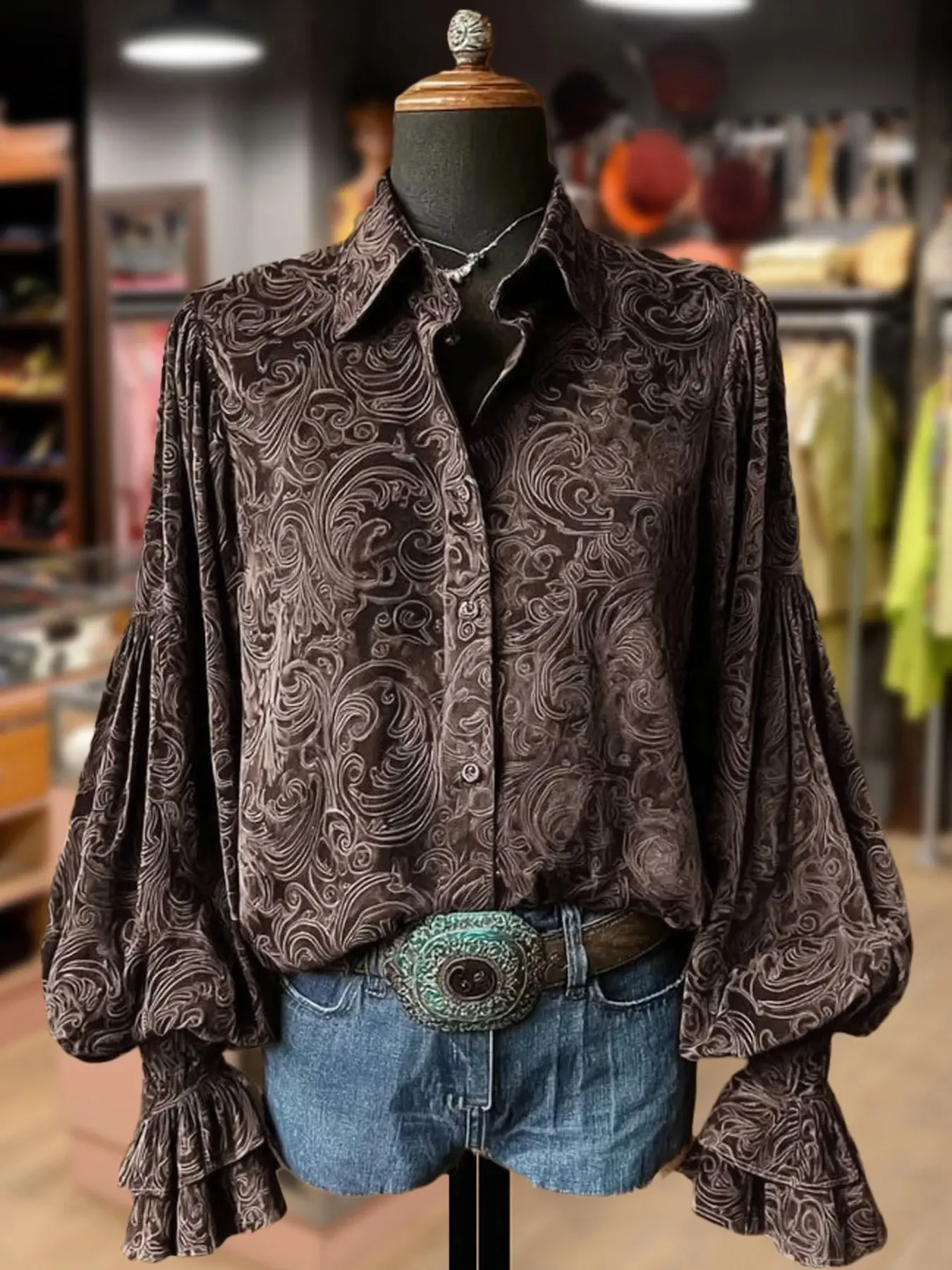 Western Boho Paisley Pattern Lapel Shirt, Single Button Lantern Double Layer Ruffle Sleeve, Vintage Print Loose Fit Women's Long Sleeve Top