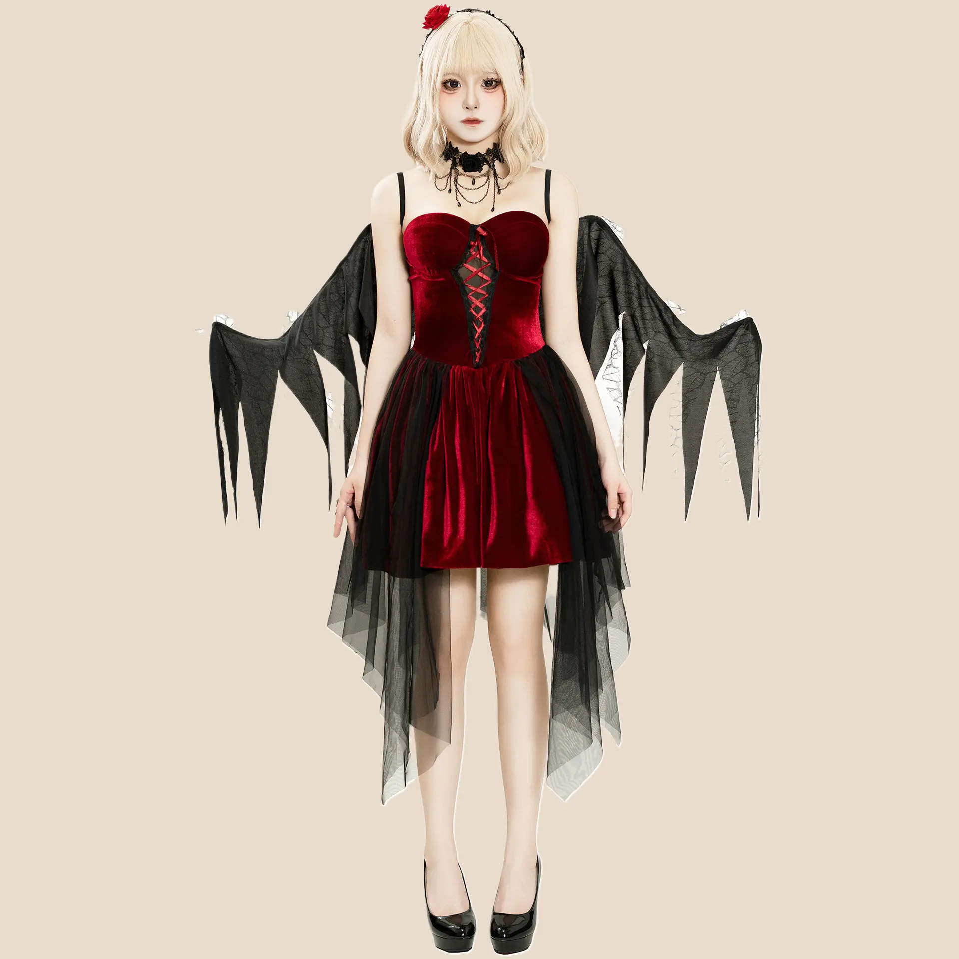 Halloween Dark Gothic Wine Red Dress Sexy Outfit For Adult Angel Devil Vampire Witch Cosplay