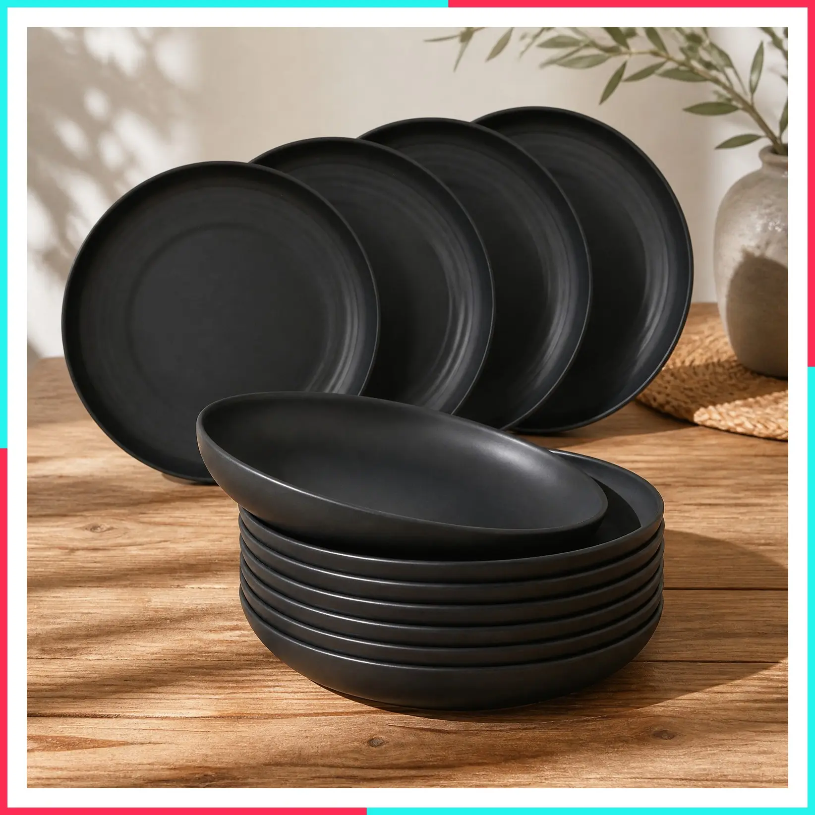 8 Inch Unbreakable Wheat Straw Dinner Plates Set of 8 - Dishwasher & Microwave Safe Reusable Plastic Plates - Lightweight for Kitchen, RV - Pure Black