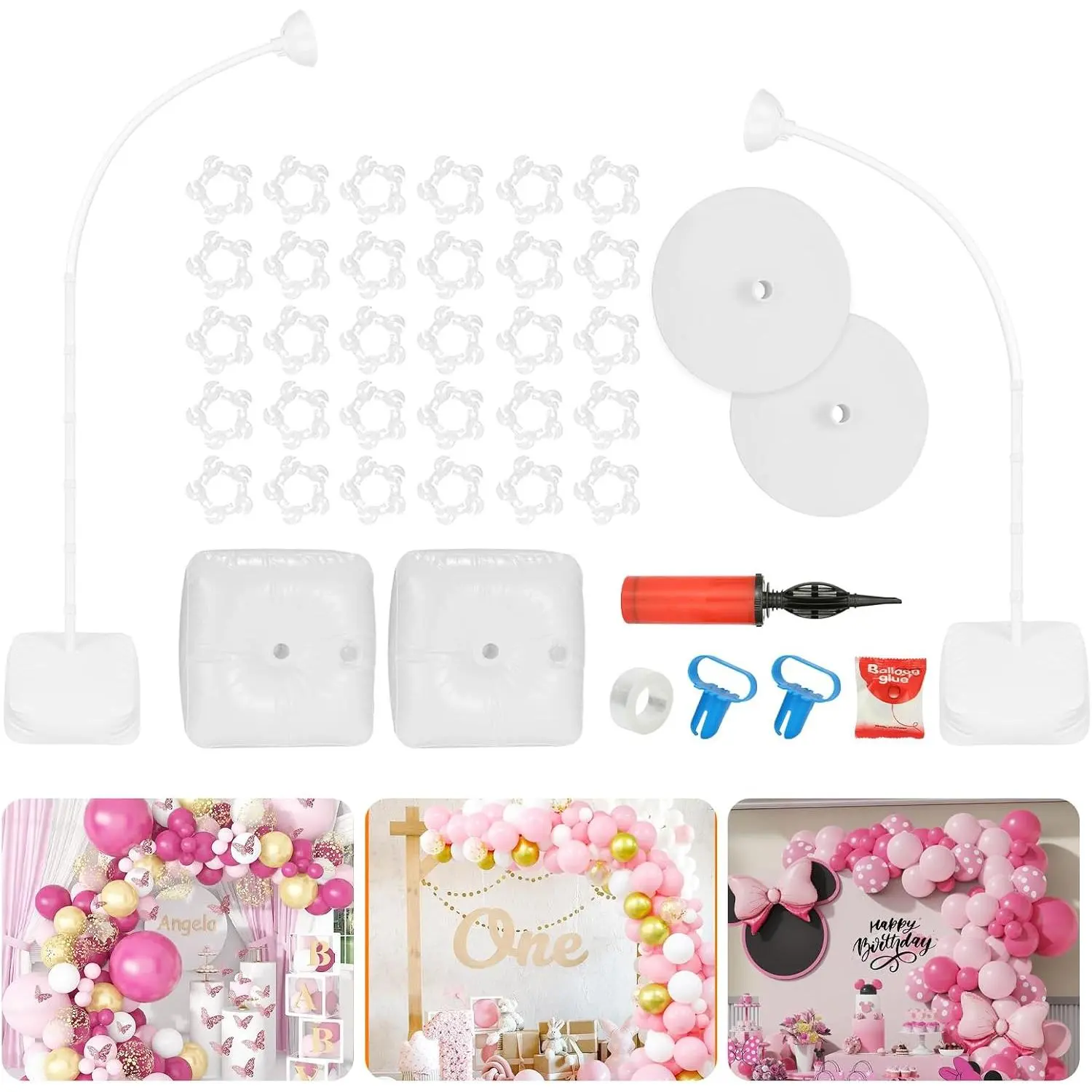 Balloon Arch Kit, Bendable 8FT and 6FT Balloon Arch Stand with Base and Manual Pump, Ballon Arch Stand Kit for Birthday Wedding  Shower Holiday Graduation Party Decoration(WHITE)