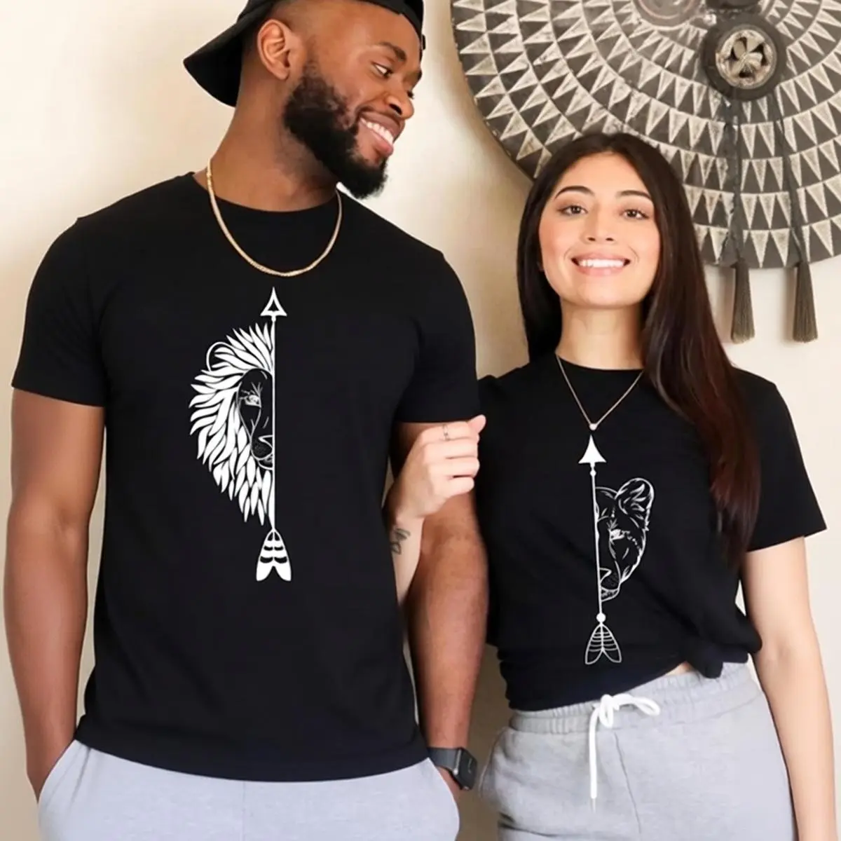 Couple's Matching T-Shirt Set, Lion & Lioness Graphic, Comfy 100% Cotton Fabric, Basic Casual Short Sleeve Crew Neck Tee for Him and Her, Shortsleeve, Clothes, Fashion, Year-Round, Women, Double Stitched