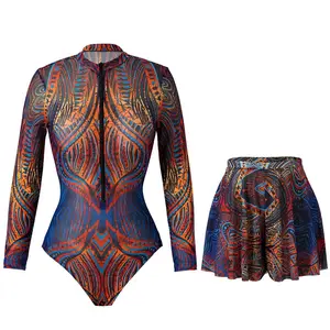 2026 Mesh Swimsuit with Long Sleeves Sexy One Piece Slimming Bathing Suit with Skirt & Long Pants Bodysuit Smart Beach Clothes