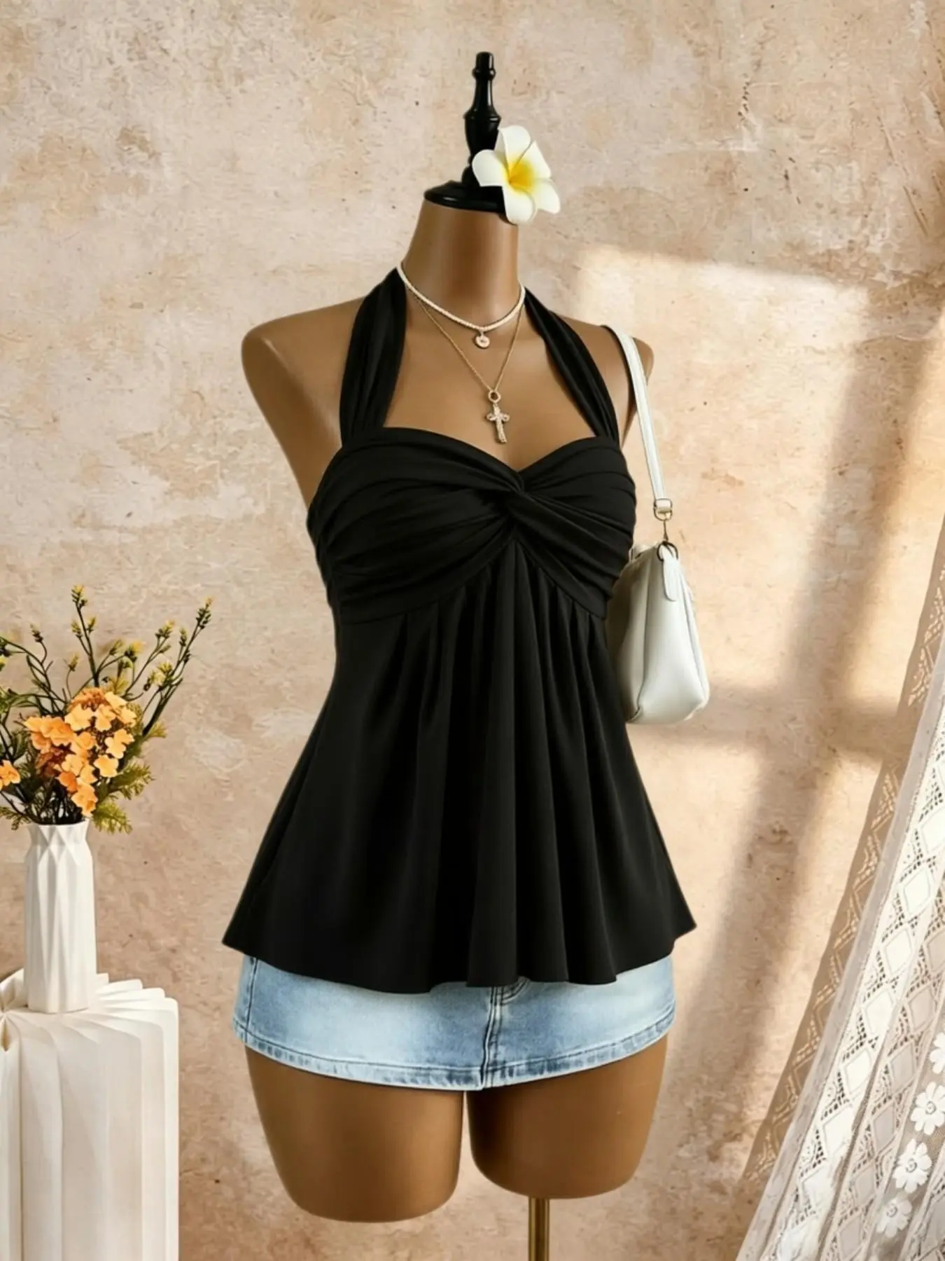 Summer Pure Color Halter Neck Knot Pleated Ruffle Back Vest, Waist Cinch Slimming Vacation Women's Sleeveless Top, Elegant and Chic Design, Casual Sleeveless Tops