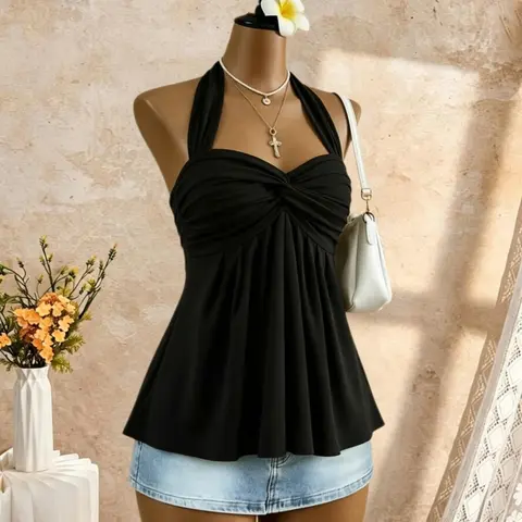 Women's Summer Plain Halter Neck Backless Knot Ruffle Vest, Waist Cinch Slimming Vacation Sleeveless Top, Elegant and Chic Casual Top