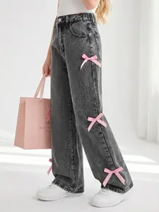 Girls' Loose Fit Bell Bottom Jeans with Cute Bow Detail, Elastic Comfortable Back Waist, All Season Fashion, Casual Daily Wear, Denim Loose Jeans