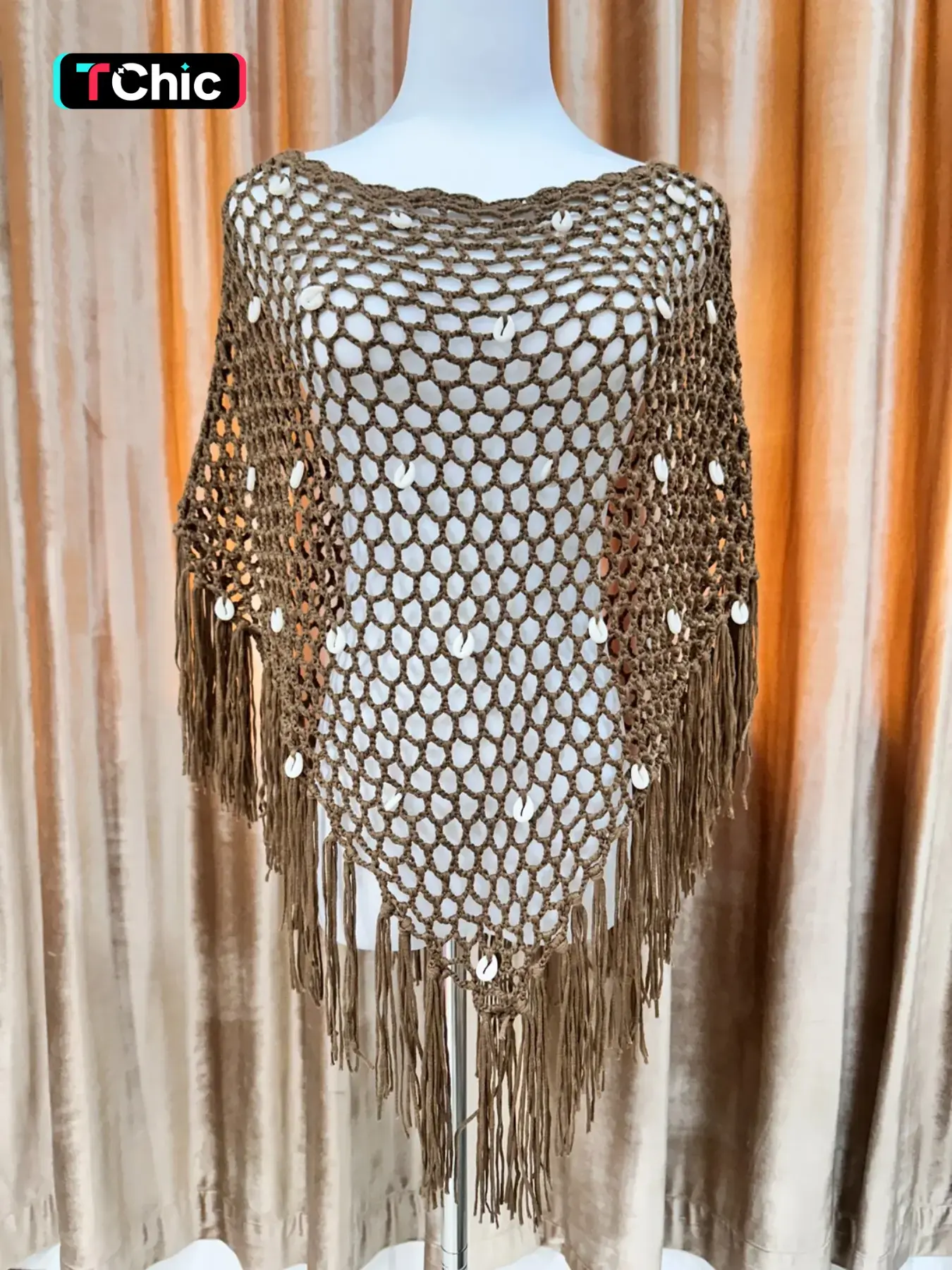 Women's Hollow Out Crochet Shell Fringe Boho Loose Knit Fringe Trim Shawl Cape, Elegant Knitted Wrap for All Seasons, Perfect for Casual Wear & Special Occasions, Fashion Shawl Wrap
