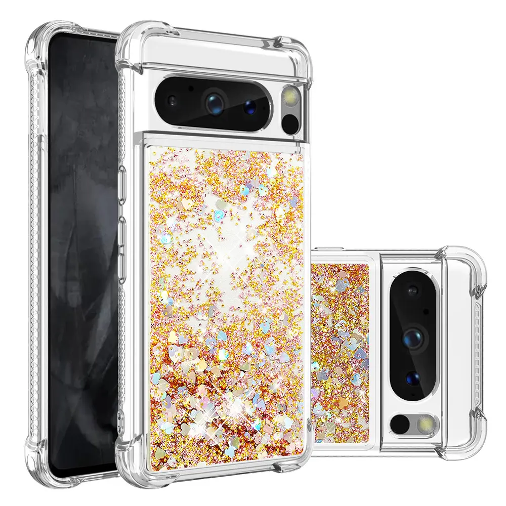 Compatible with Pixel 10 Pro XL, 9, 8, 7, Transparent Sand Heart Flowing Glitter Shockproof Phone Case, Four Corner Anti-Drop Sparkling Protective Cover for Women HNZ0656