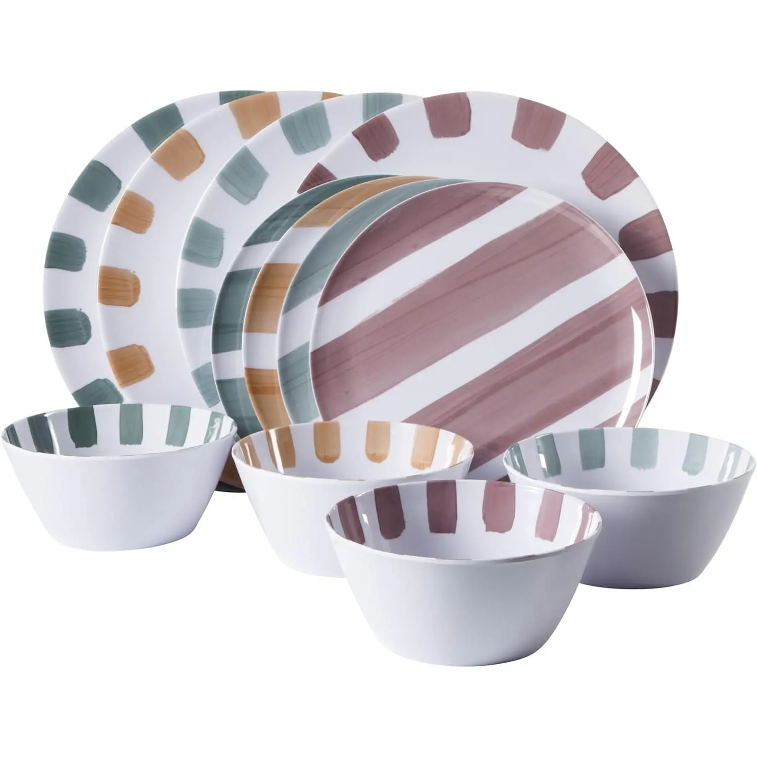 Cottage Stripes 12-Piece Melamine Plates and Bowls Dinnerware Set - Outdoor, Camping, & Everyday Use - Assorted Colors