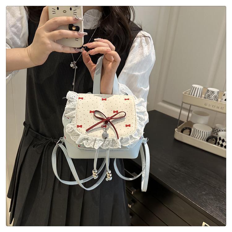 Polka Dot Lace Bow Mini Backpack for Women, Cute Coquette Y2K Bucket Bag, Lightweight Small Backpack with Adjustable Straps, Aesthetic School Travel Daily Outfit Bag for Girls & Teens