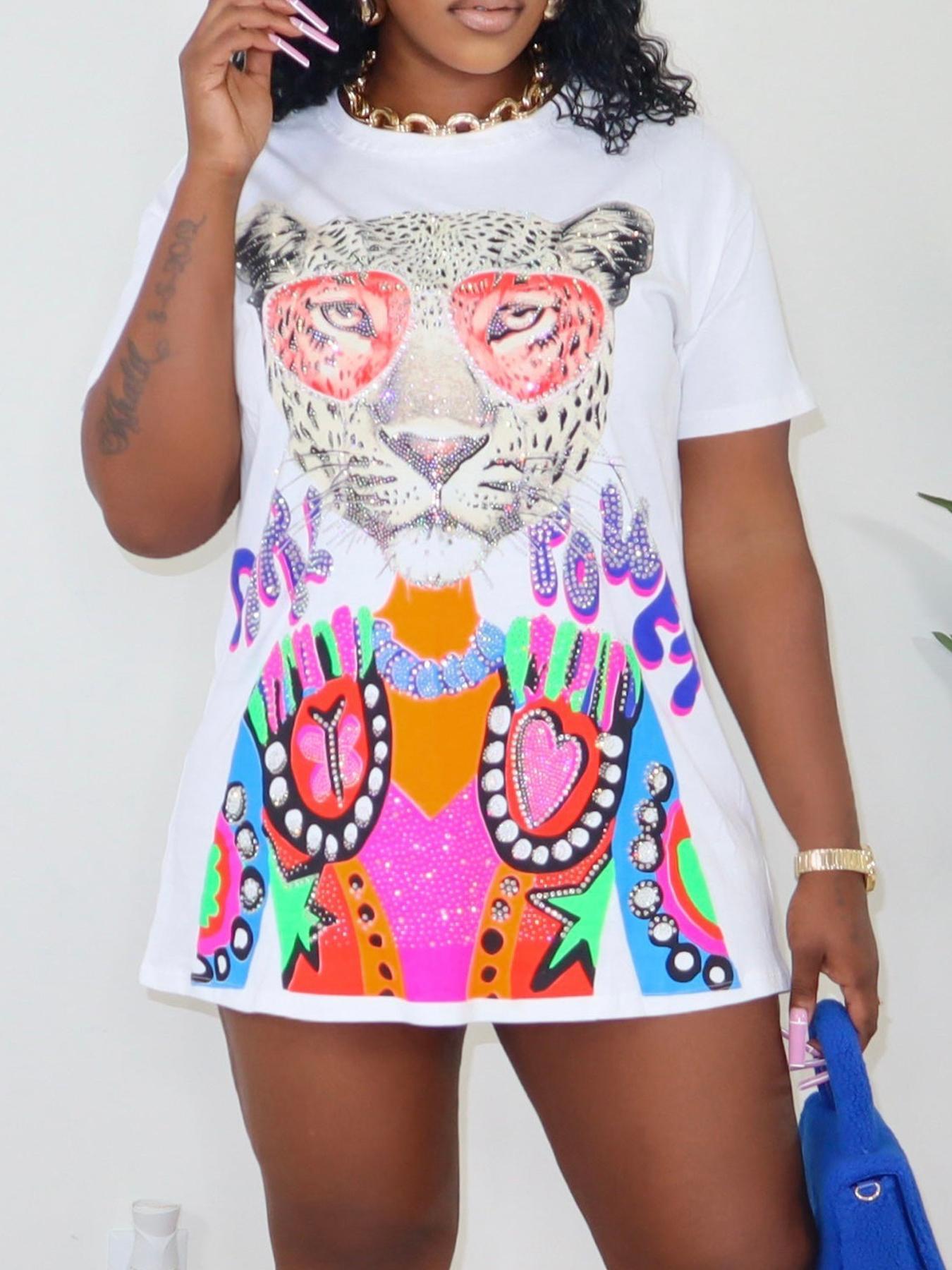 Women's Leopard Print Round Neck Tee Dress, Fashion Casual Boho Fashion Short Sleeve T-shirt Dress for Daily Outdoor Wear, Ladies Dress for Summer, Womenswear