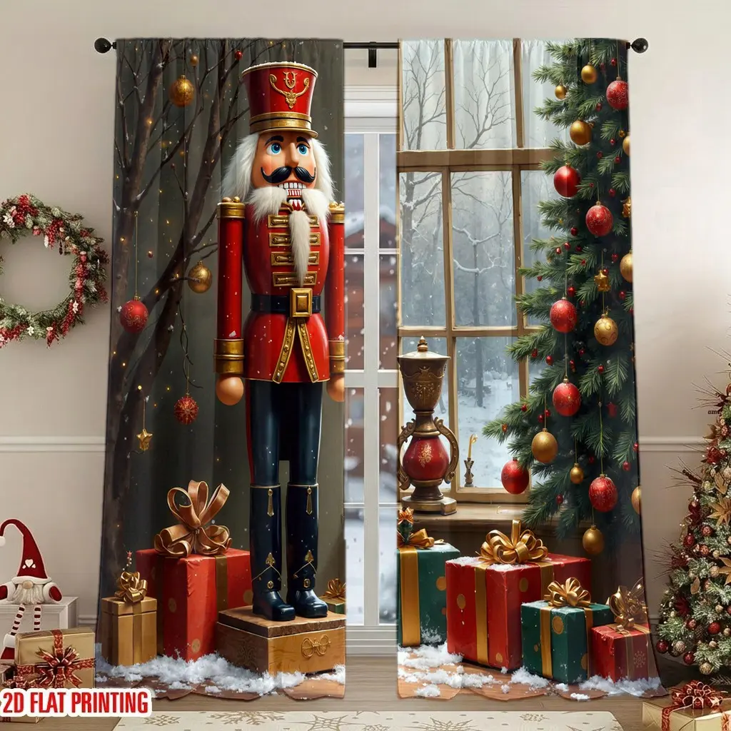 2Pcs 2-piece, festive Christmas nutcracker soldier and decorated tree, digital print, light filtering, privacy protection, suitable for living rooms, bedrooms, holiday decor, home decoration.
