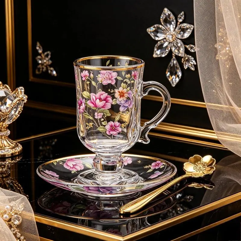 120ml premium Glass cup, saucer, and spoon set, Glass cup *1 +Glass saucer *1+ Stainless steel spoon *1, Water cup/coffee cup/tea cup, suitable for home/office/coffee shop/dessert shop