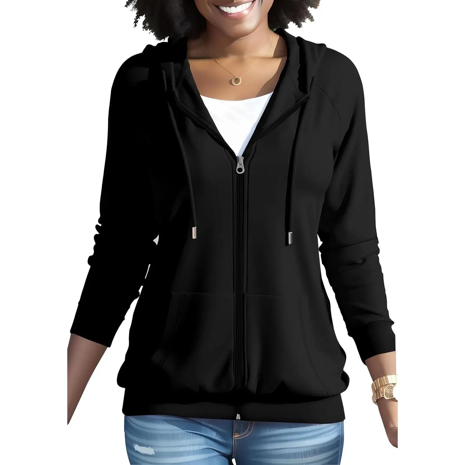 Women Casual Full Zip Up Hoodie Basic Lightweight Long Sleeve Sweatshirt Solid Color Jacket With Pockets