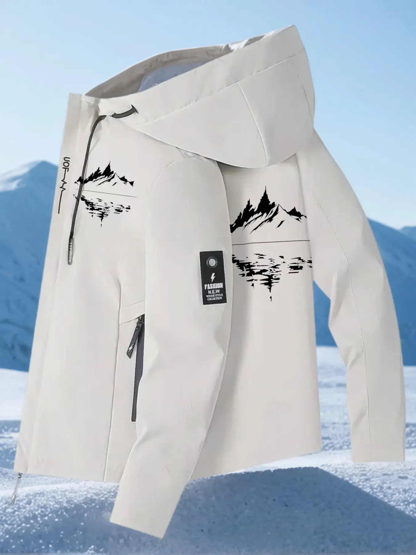 Men's High-Quality Windproof Hooded Jacket, Mountain Reflective Print, Full-Zip Ski Coat, Winter Outdoor Wear