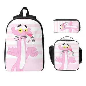 3 Piece High Capacity Bookbag Pink Cartoon Pan-ther Backpack Set Travel Knapsack with Lunch Box Pencil Case