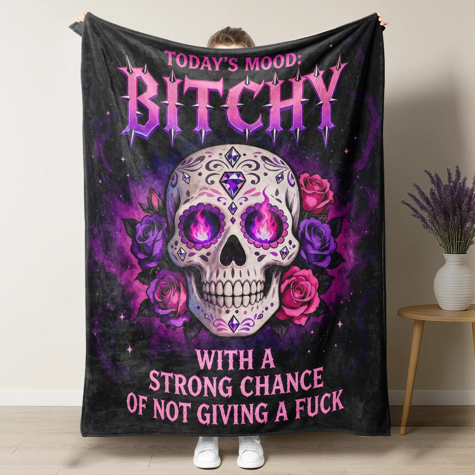 Sassy Sugar Skull Throw Blanket,Today's Mood Graphic Flannel Blanket,Funny Sarcastic Novelty Blanket,Hilarious Gag Gift For Gothic, Skull And Dark Art Lovers,Unique Witchy Home Decor & Funny Birthday Gift For Women