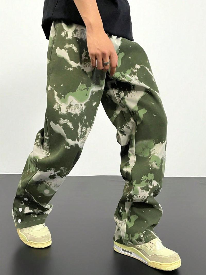 Menswear Loose Camo/Tree Print Drawstring Waist Pants, Casual Outdoor Pants, Casual Street Fashion Button Design Pocket Trousers for Daily Wear, Mens Bottoms for All Seasons, Earthtone Fallfreshness, Fall Gift