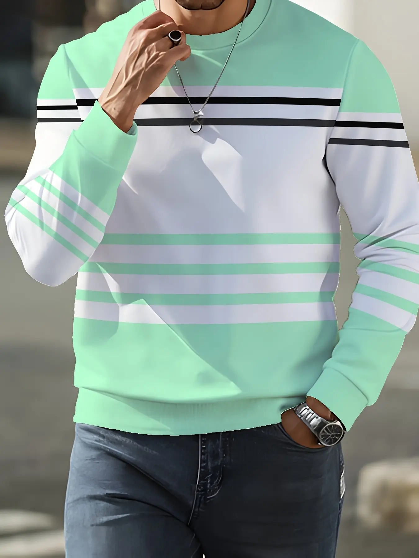 European and American Simple Style Color Block Sweatshirt, Striped Patchwork Casual Pullover, Unisex Fall & Winter Top, Loose Fit