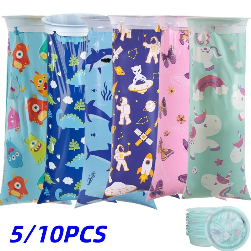 5/10pcs Cartoon Design Portable Disposable Vomiting Bags, Car Sick Emergency Vomiting Bag, Travel, Plane, Outdoor, Camping, Travel Accessory, Camping Supplies, Camping Accessories, Leak-Proof, Pe, Random Pattern