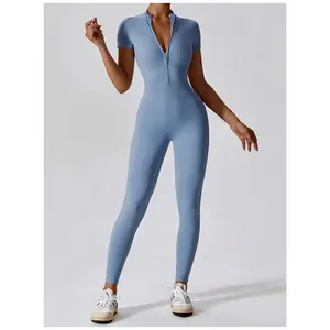 Women’s Half Zip Mock Neck Athletic Jumpsuit, Short Sleeve Quick Dry Figure-Flattering Compression One Piece Workout Bodysuit, High Waist Stretchy Summer Activewear for Yoga Gym Running Hiking Daily Casual Errands