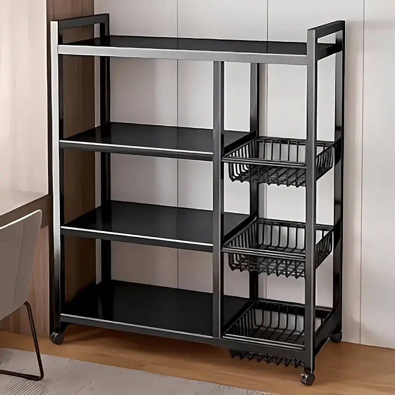 Rolling Adjustable Storage Rack Unit, Wheeled Metal Organizer with Detachable Wire Baskets, Space-saving Storage Solution for Kitchen Supplies, Handy Utility Shelving for Garage Tool Arrangement