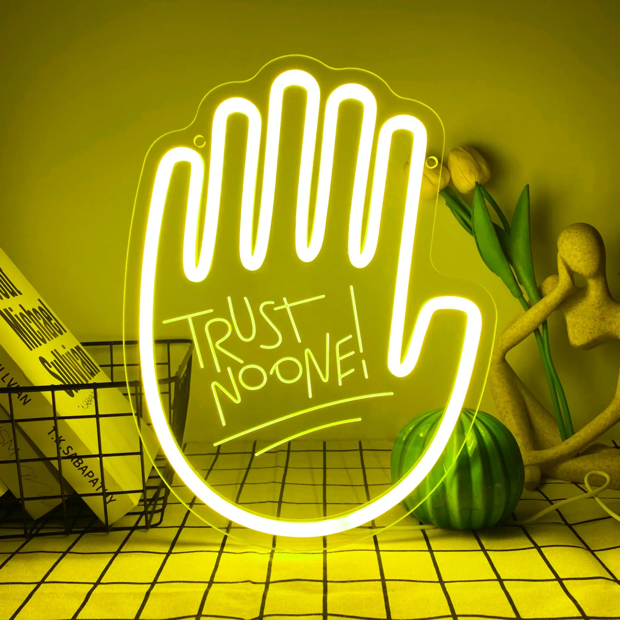 TRUST NO ONE! Neon Sign,With its unique graffiti style and bright backlit design, the palm-shaped yellow LED neon sign makes for trendy Decorative wall decor in a bedroom or game room.