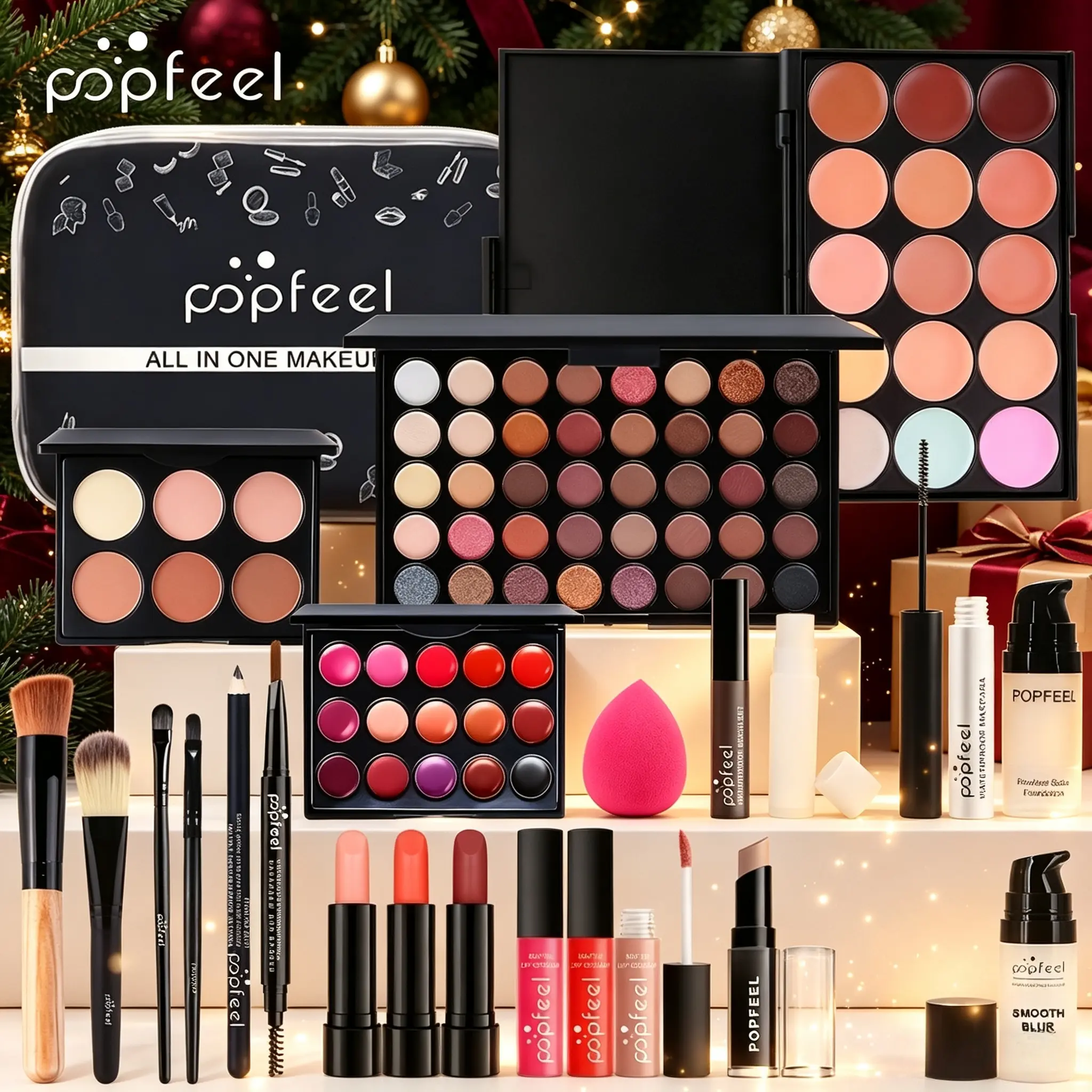 POPFEEL All‑In‑One Full‑Face Makeup Set, Includes Eyeshadow Palette, Lipstick, Mascara, Makeup Brushes & Portable Makeup Bag, Easy For Beginners, Top‑Pick Beauty Kit For Women’s Mother’s Day And Birthday Gifts.