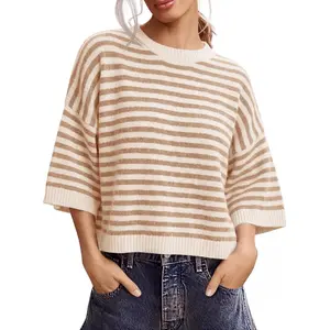 Saodimallsu Womens Short Sleeve Sweater Summer Striped Oversized Sweaters Casual Crewneck Lightweight Knit Tops