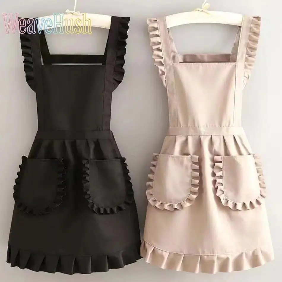 Cute Korean Style Princess Apron for Women, Aesthetic Canvas Kitchen Waist Apron with Large Pockets, Waterproof Durable Thick Fabric Cooking Apron, Minimalist Sweet Design for Baking, Gardening, Cafe Work, Home Kitchen & Daily Household Use