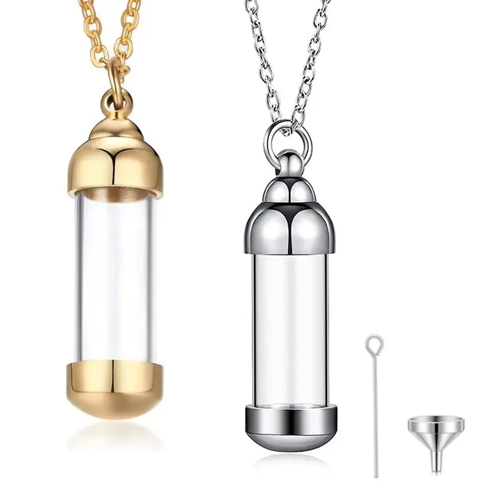 Cylinder Clear Acryli Necklace Stainless Steel Glass Heart Vial Perfume Bottle Cremation Urn Pendant Necklace For Women Keepsake