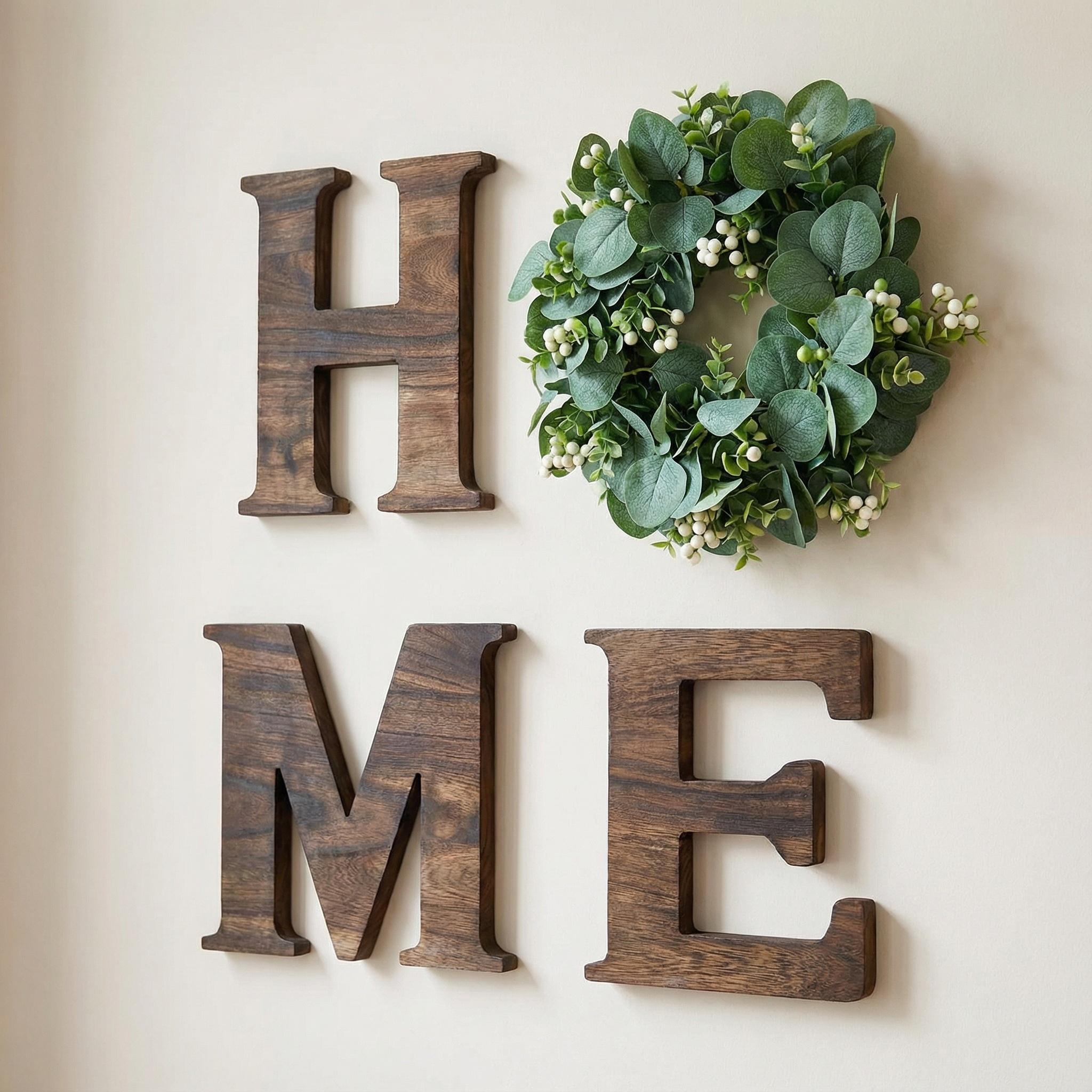 Wooden "HOME" Wall Decor with Artificial Wreath |   Modern Farmhouse Front Door Sign |   Aesthetic Entryway Welcome Hanger |   2026 Home Refresh Essential