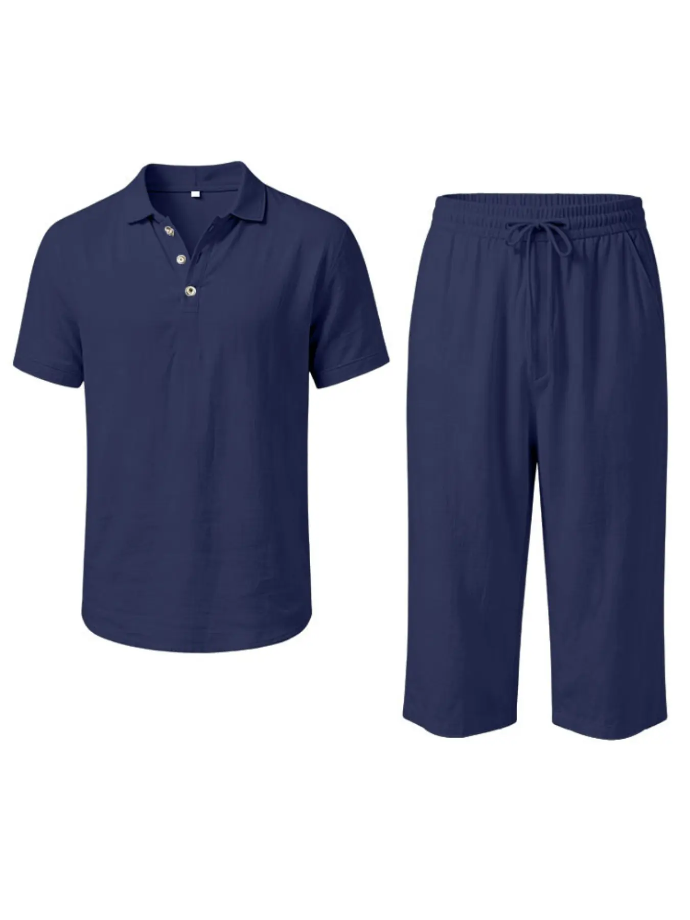 Japanese Lazy Vacation Linen Set, Collar Short Sleeve Polo Shirt + Loose Straight Capri Pants, Breathable Casual Men's Two-Piece