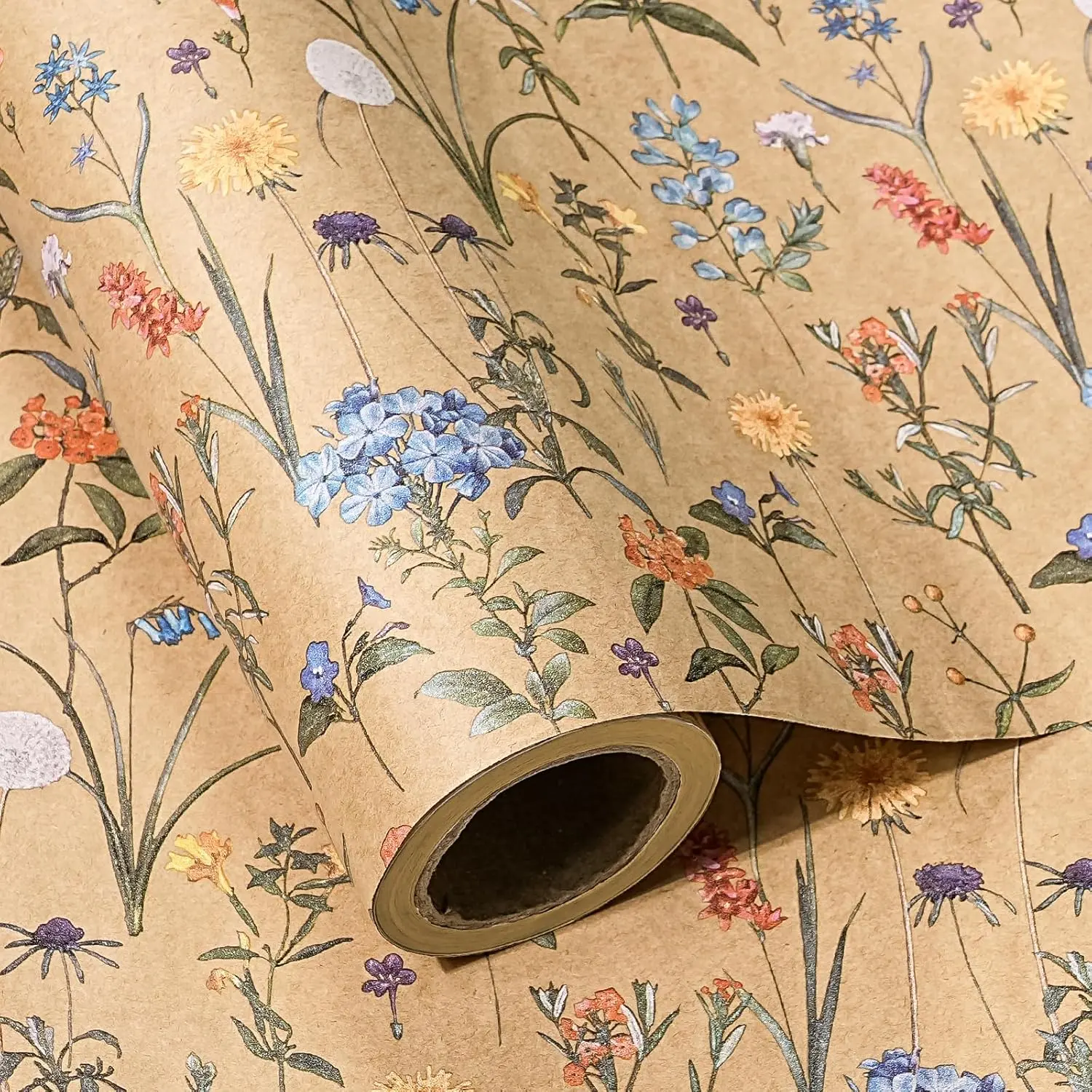 WRAPAHOLIC Kraft Floral Wrapping Paper Roll - 17 Inch x 9.8 Feet - Wildflower Flower Design Gift Wrap Paper for Girls Women Birthday, Wedding, Bridal Shower & Special Occasions
