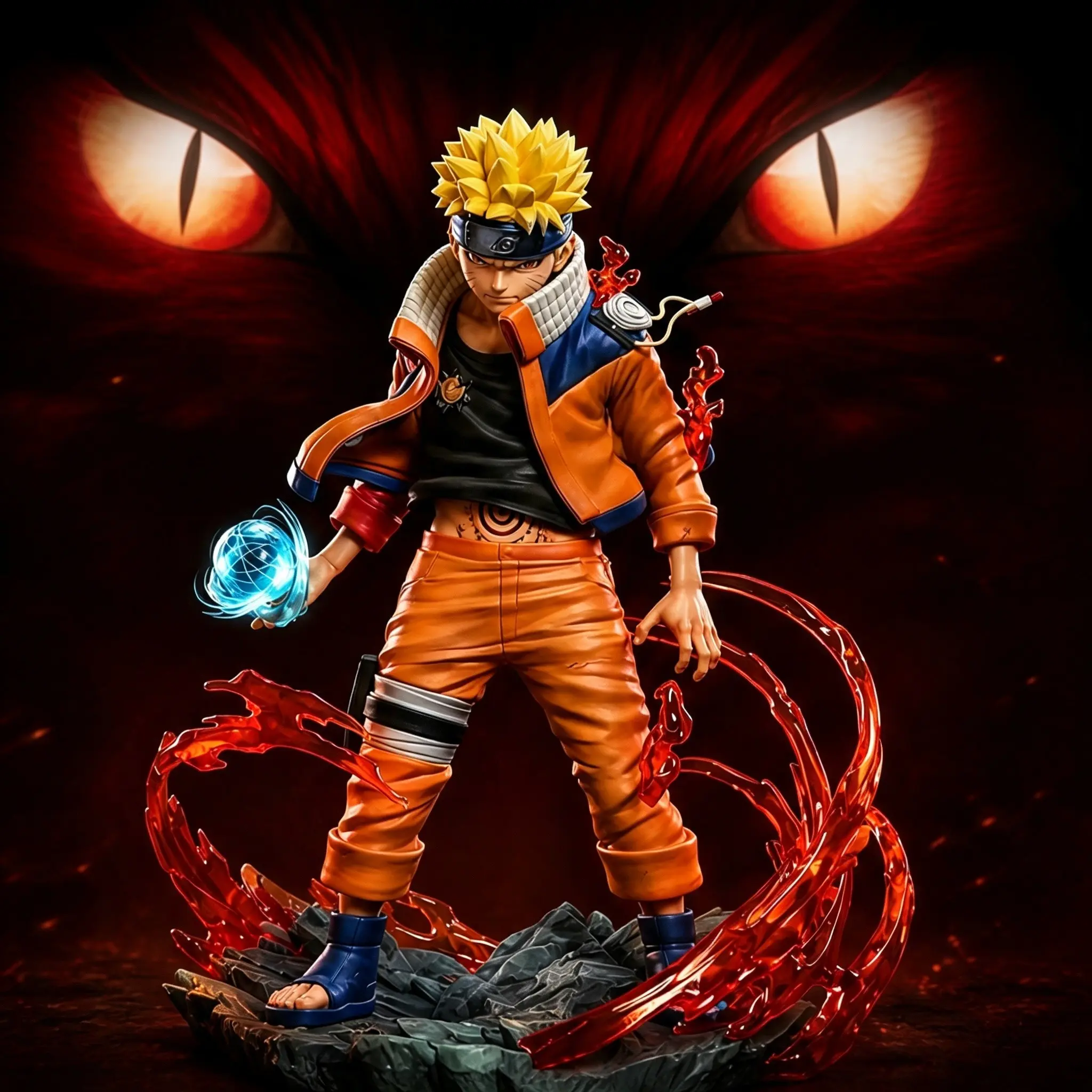 Relive Naruto's iconic Nine-Tails rage scene with this detailed figure. Features orange ninja suit, Leaf headband, two swap heads (normal/berserk), red aura, Rasengan, rocky base. Vivid paint and sculpt, great for display, collection, or gift.