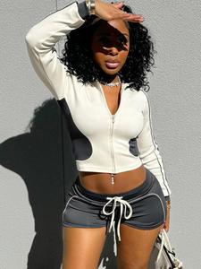 women's colorblock side stripe zip up crop jacket & drawstring waist shorts, casual fashion stand collar long sleeve top & shorts for daily outdoor wear, ladies spring & fall clothes, womenswear, workout sets women, casual outfits women, matching outfits