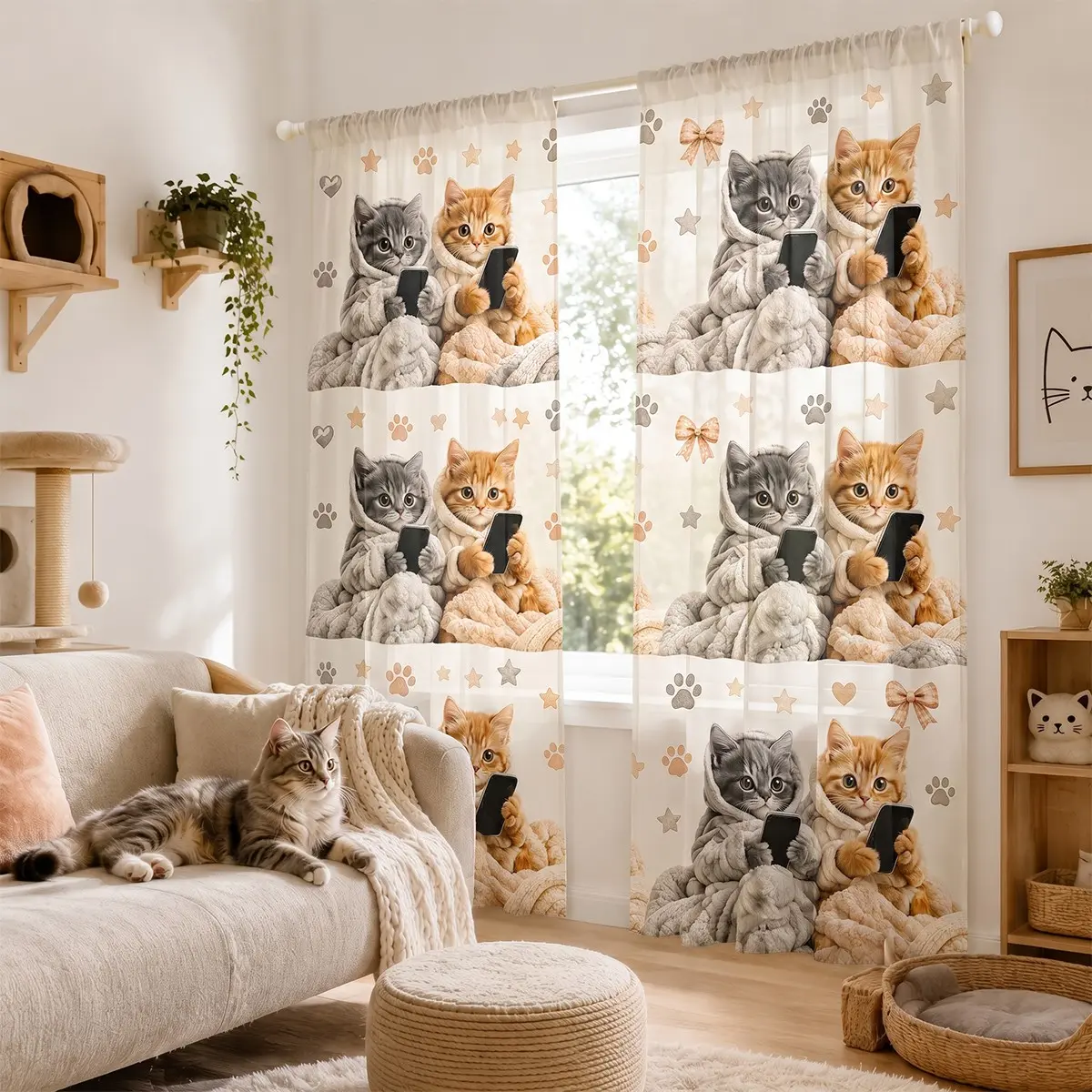 These 2-piece cartoon cat paw print semi-blackout curtains feature a pocket rod design, a printed pattern, and are made of polyester. They soften light and protect privacy, making them suitable for living rooms and bedrooms.