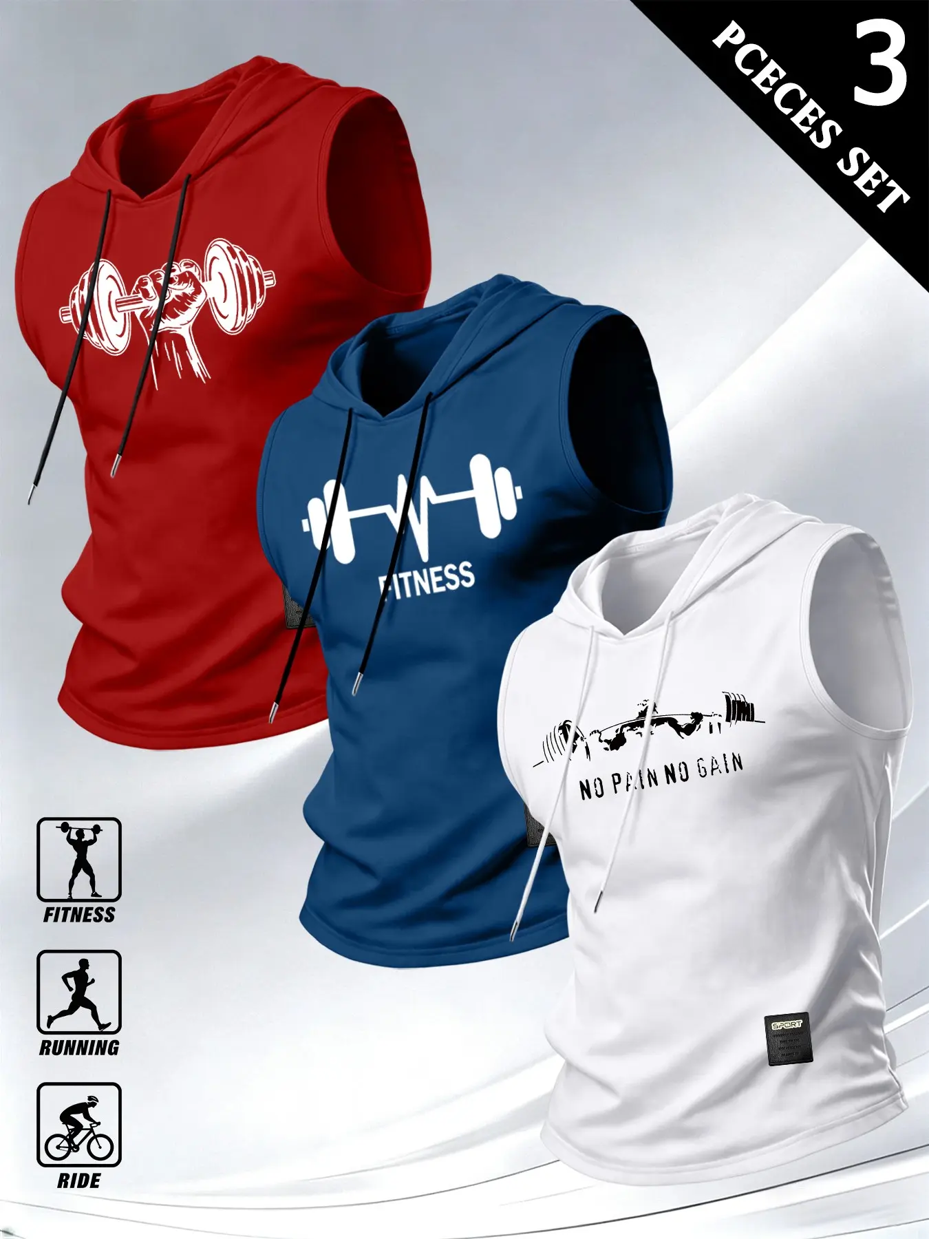 3-Piece Men's Hooded Sportswear Set, Gym Print Sleeveless Vest, Loose Stretch Streetwear Top, Breathable Universal Sports Gear