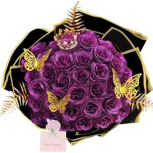 DIY Glitter Roses Bouquet 36 Pack - Artificial Shiny Flowers Bouquet Fake Eternal Floral with Stems Flower Wrapping Paper 3D Butterflies Crowns for Anniversary Valentine's Day Birthday -Purple Rose