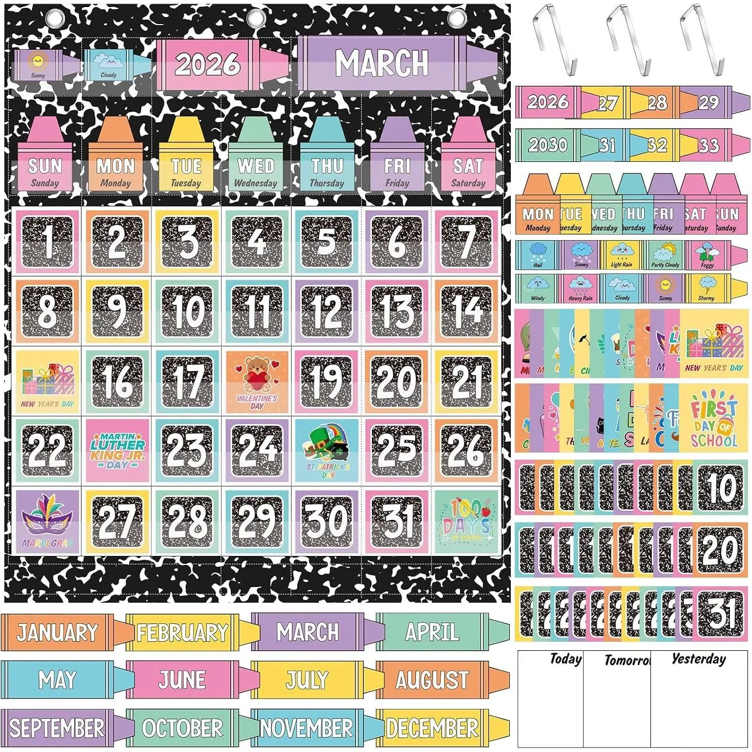 Classroom Calendar Pocket Chart Oxford Cloth 115 Cards 24x28 Inch Colorful Crayon Bulletin Board with Weather and Years 2026-2033 Teacher Supplies for Classroom Wall Decoration