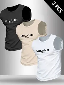 Men's Milano Letter Print Sleeveless Vest, Sporty Loose-Fit Compression Wear, Plain Surface, Daily Commute Casual, 3-Pack