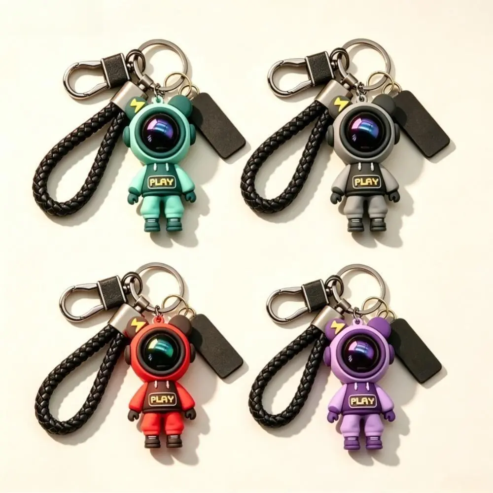 Trendy PLAY Lightning Astronaut Bear Keychain - 3D Silicone Space Doll, Braided Wrist Strap Bag Charm, Plastic Astronomy Graphic Couple Matching Accessory