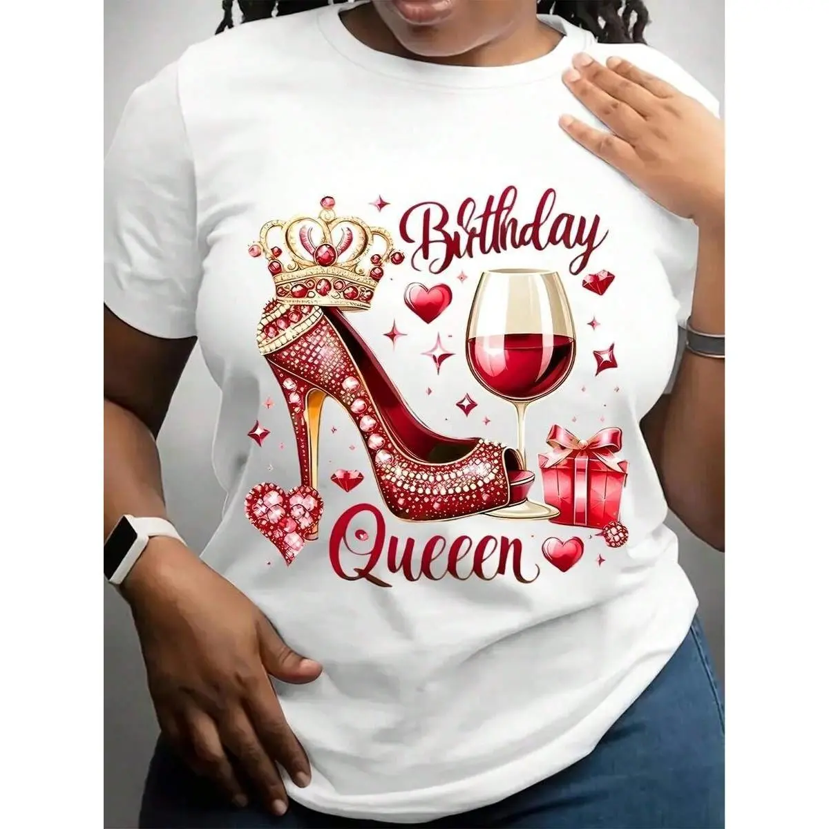 OVERSIZE Women's Birthday Queen Graphic T-Shirt - Crew Neck Tee With Sparkling Red High Heel, Crown & Wine Glass Design, Casual Short Sleeve Top For