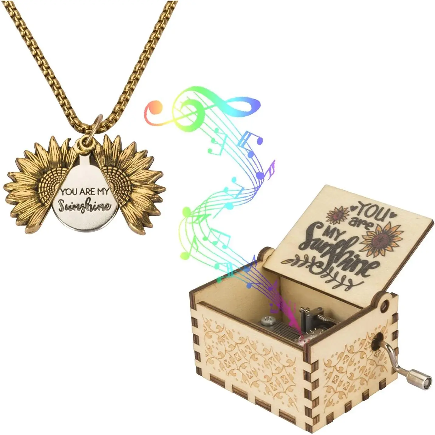 Box You are My with Necklace, Wooden Hand Cranked Musical Box and Engraved Message Locket Pendant Gifts for Wife, Girlfriend, Day,Christmas Present,Birthday