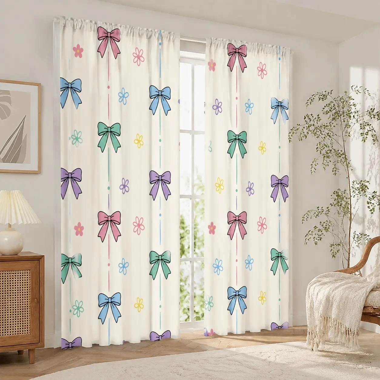 2-Pack Ivory Pastel Bow Floral Semi-Transparent Curtains, Multi-Color Blue, Cute Kawaii, Girls' Bedroom Baby Room Decor