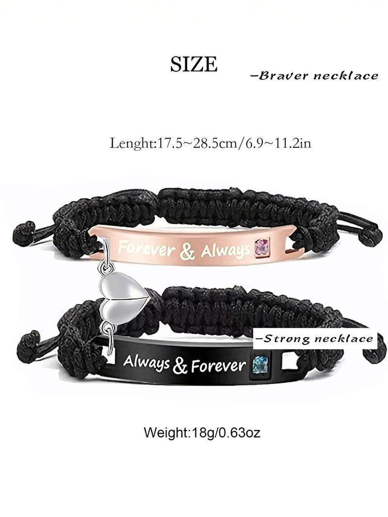 Braided Couple Matching Bracelet (2pcs/1 Set), Magnetic Heart & Letter Design Link Bracelet for Women & Men, Jewelry for Birthday Gift with Rose Box, Personalized Couples Bracelet, Adjustable Bracelets