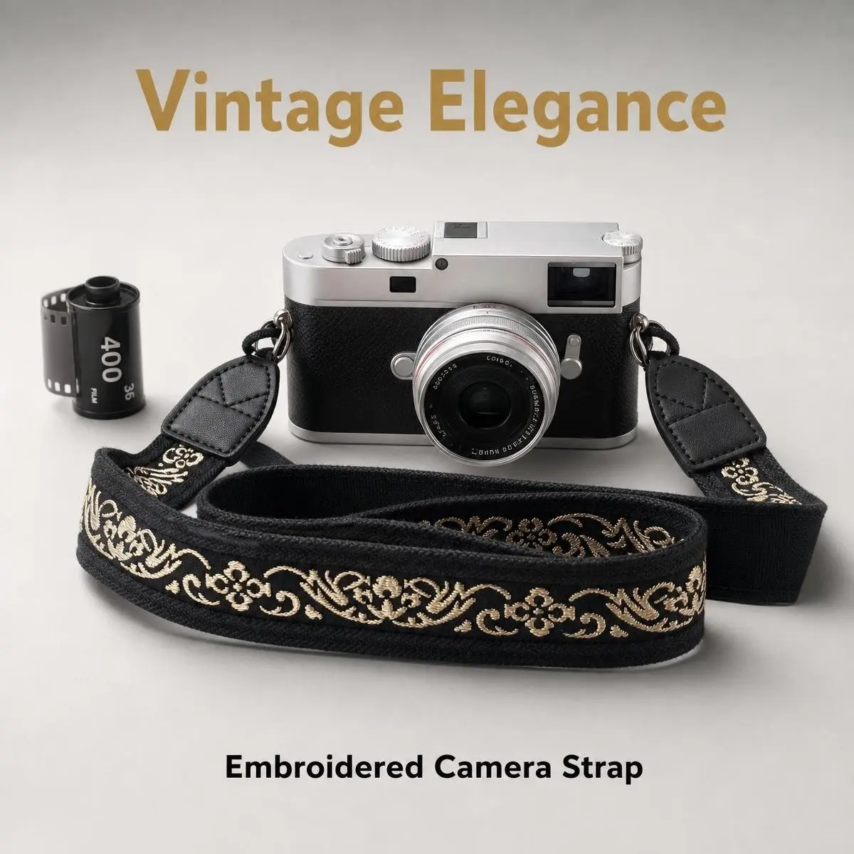 Black Gold Vintage Embroidered Camera Strap, Wide Comfort Adjustable Strap for Film Photographers