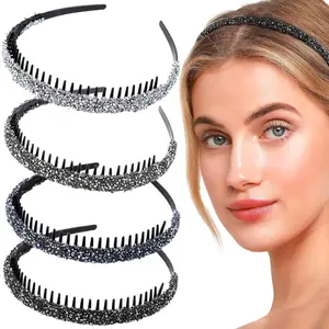 4-Pack Glitter Rhinestone Comb Teeth Headband Non-Slip Sparkly Hair Hoop Thin Crystal Bling Hair Band Set for Skincare Makeup Holiday Party Styling